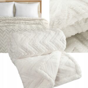 Koc narzuta 200x220 gruby mięciutki puszysty jodełka kremowy