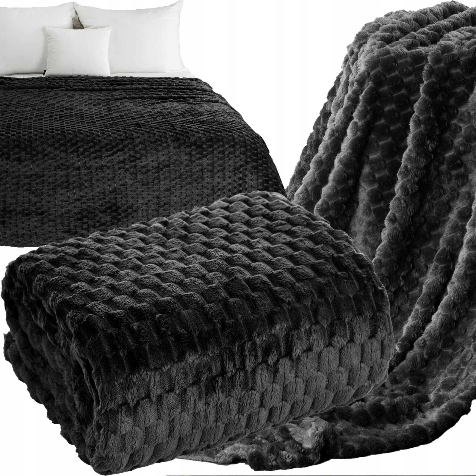 Koc narzuta 200 cm x 220 cm bardzo miękki w dotyku z efektem 3d czarny - obrazek 7