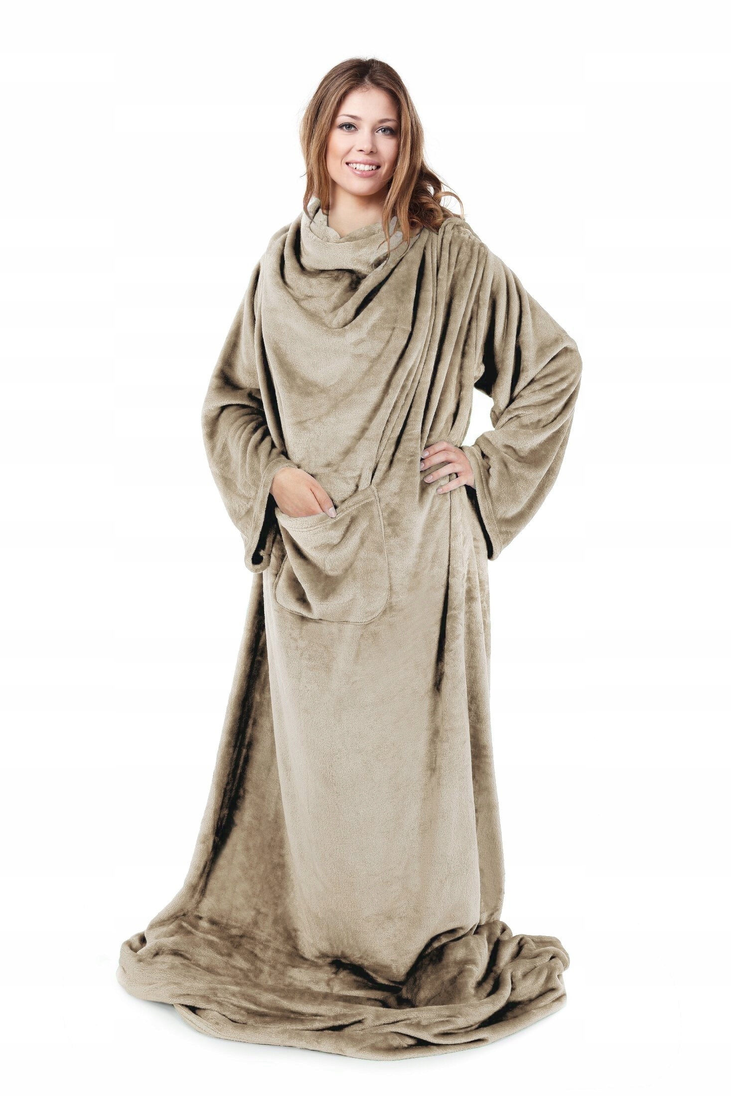 PREZENT Koc Z Rękawami mięciutki cieplutki szlafrok 150x180 beż - obrazek 6