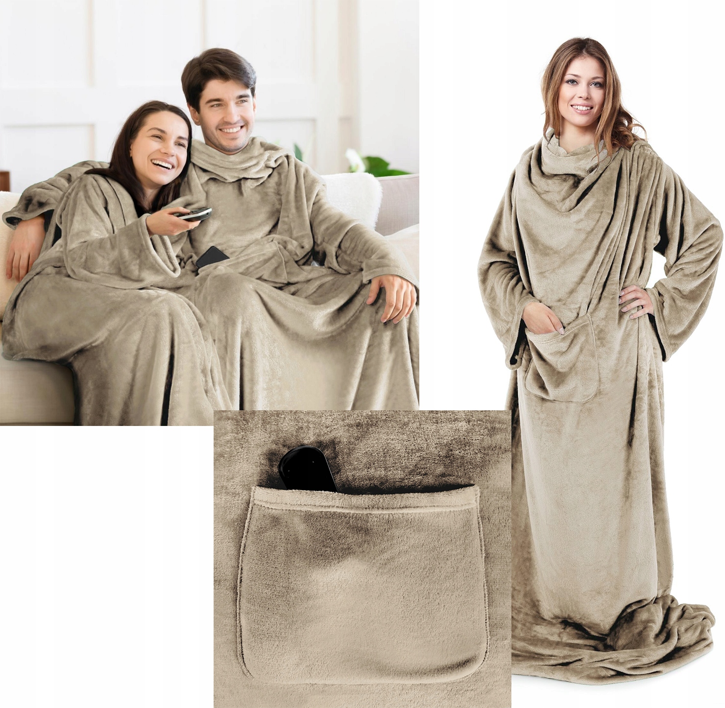 PREZENT Koc Z Rękawami mięciutki cieplutki szlafrok 150x180 beż - obrazek 5