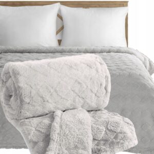 Koc narzuta 200x220 gruby mięciutki puszysty srebrny