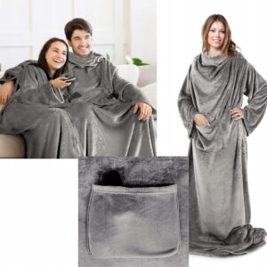 PREZENT Koc Z Rękawami mięciutki cieplutki szlafrok 150x180 stalowy