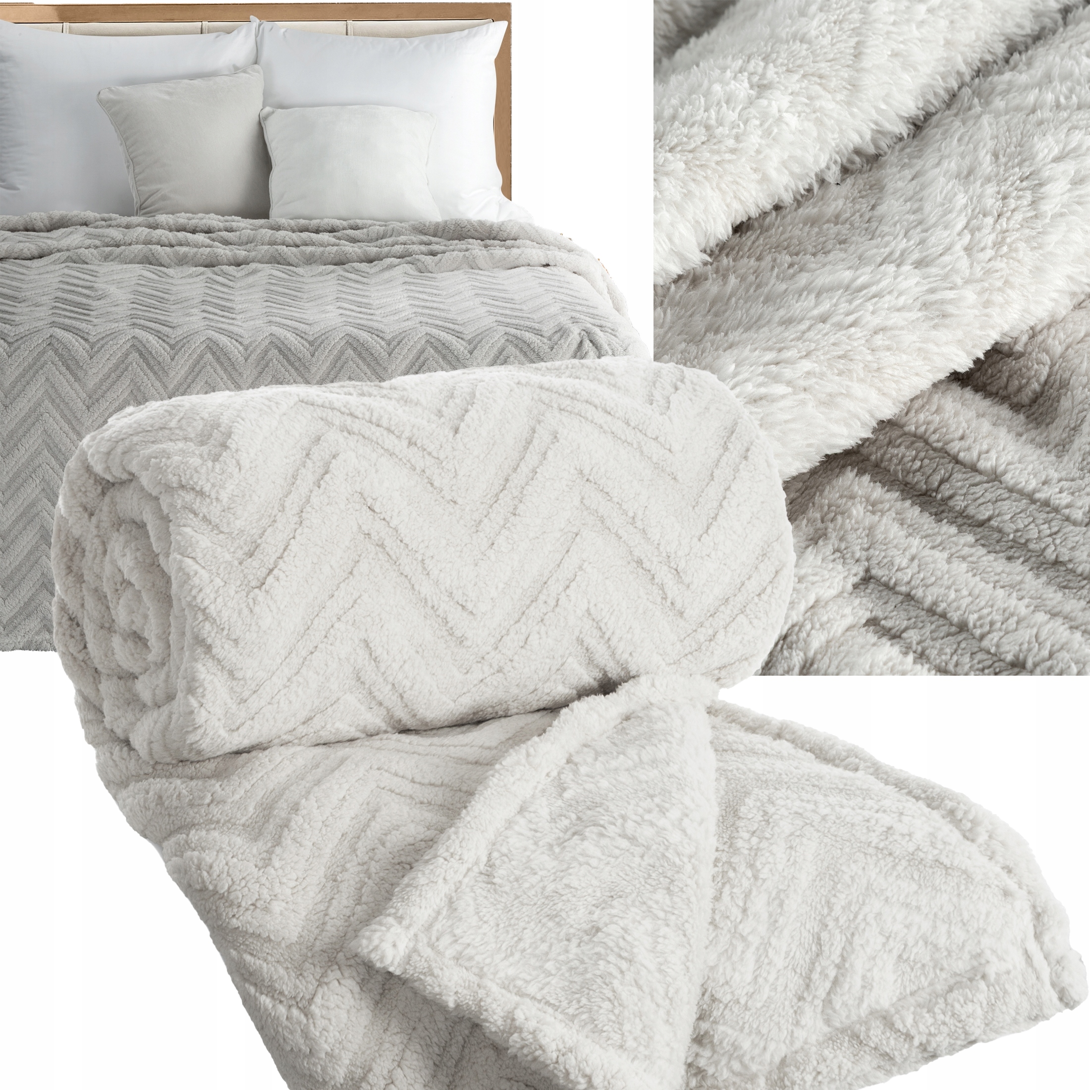 Koc narzuta 200x220 gruby mięciutki puszysty jodełka srebrny - obrazek 8