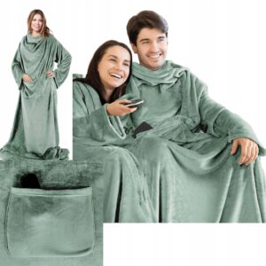 Mięciutki Koc Z Rękawami 150x180 miętowy Na Prezent