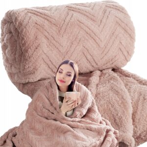 Koc narzuta 70x160 gruby mięciutki puszysty jodełka jasny puder