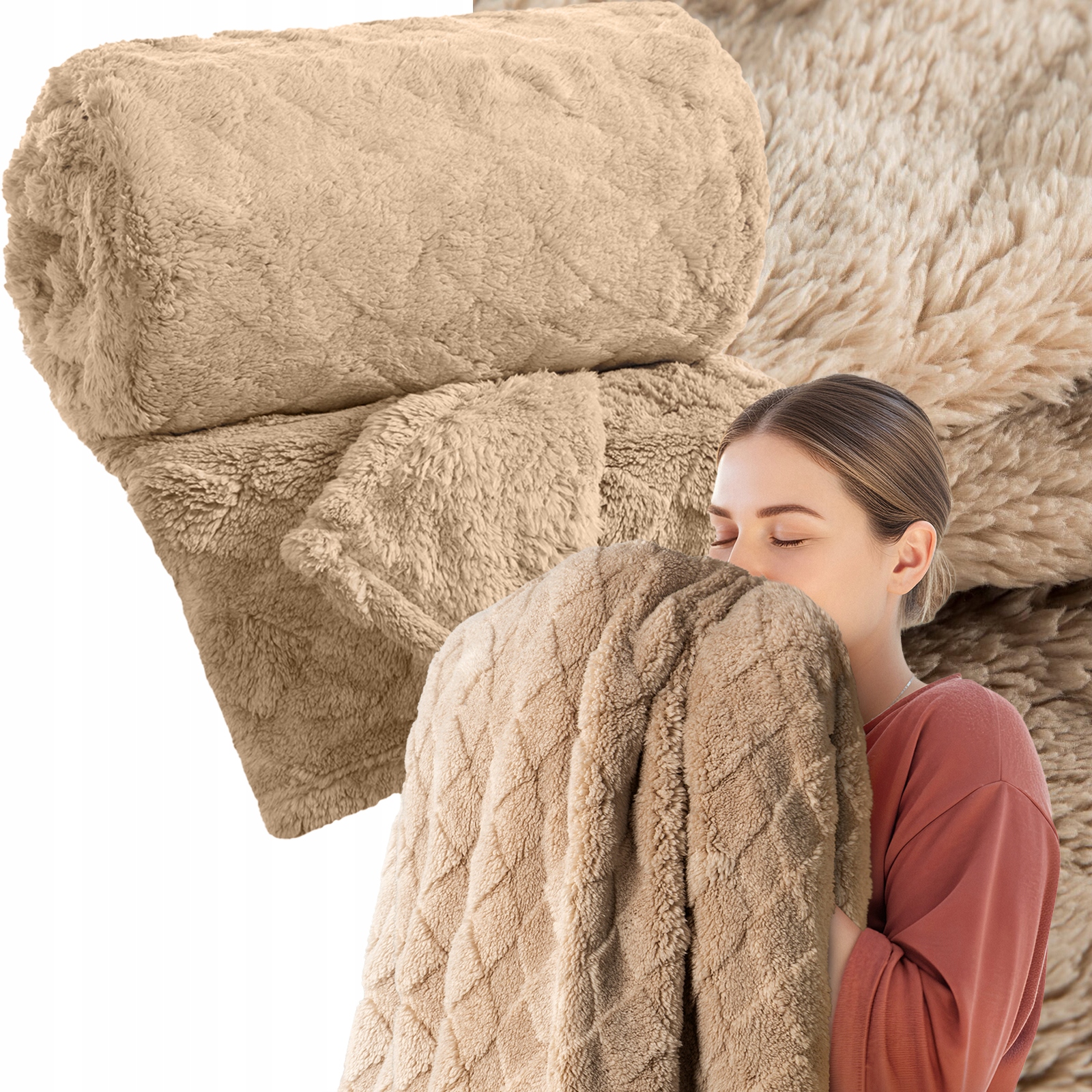 Koc narzuta 170x210 gruby mięciutki puszysty ciemny beżowy - obrazek 5