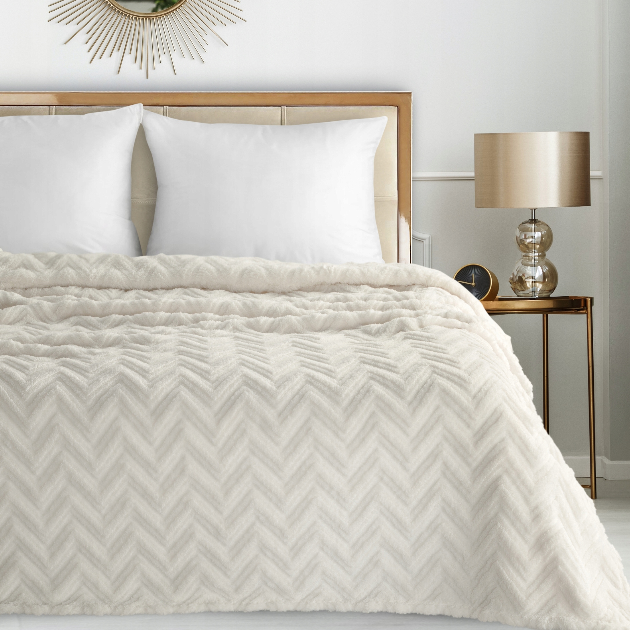 Koc narzuta 200x220 gruby mięciutki puszysty jodełka kremowy - obrazek 10