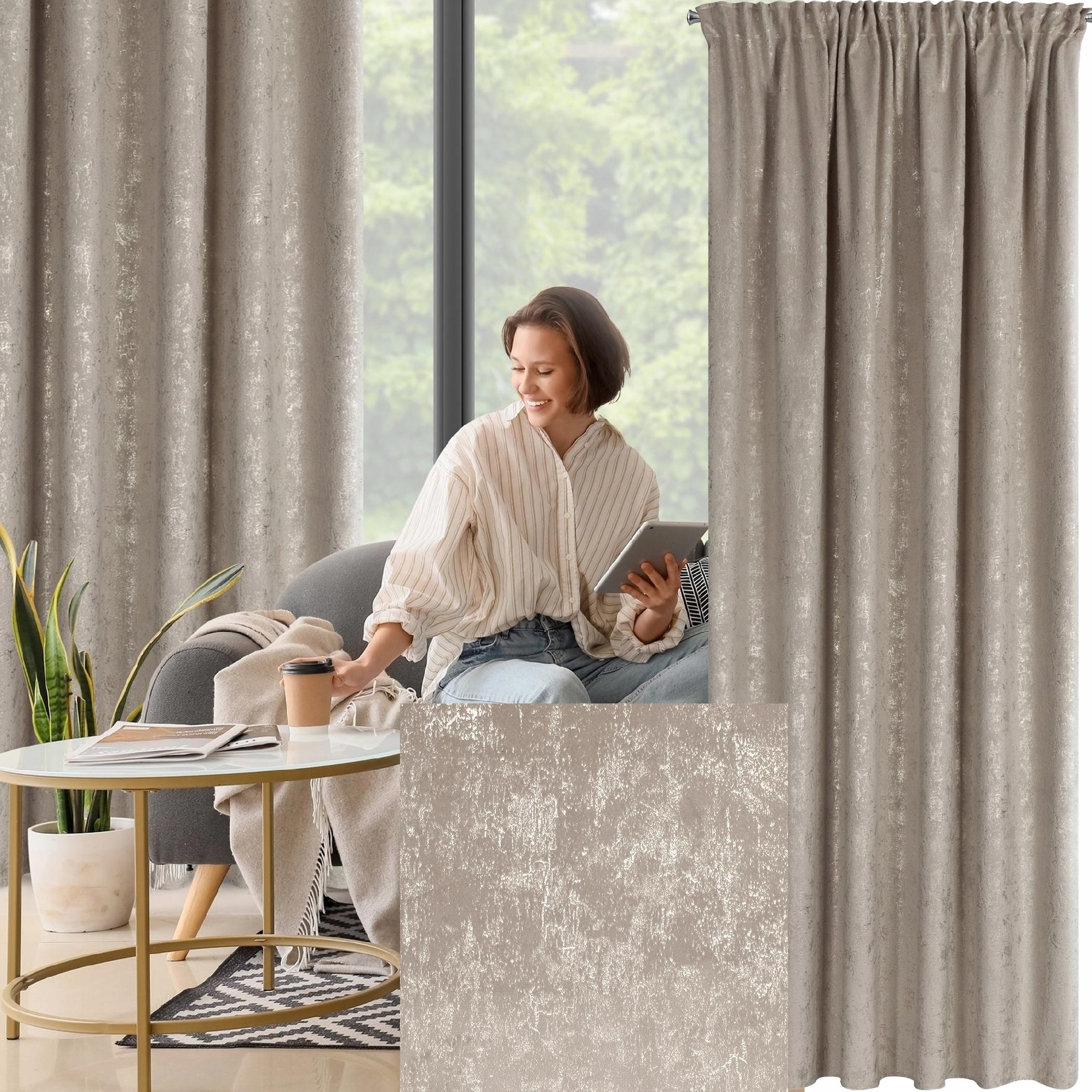 Zasłona 140X270 beżowa welwetowa z nadrukiem taśma - obrazek 15