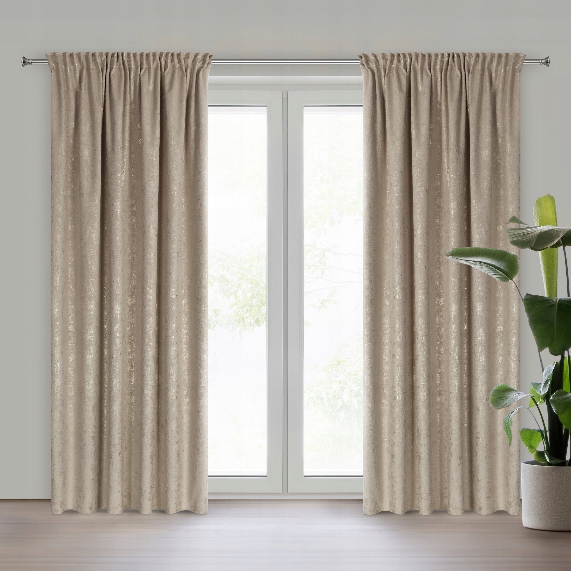 Nowoczesna Zasłona welwetowa 140X270 beżowa z delikatnym nadrukiem - obrazek 2