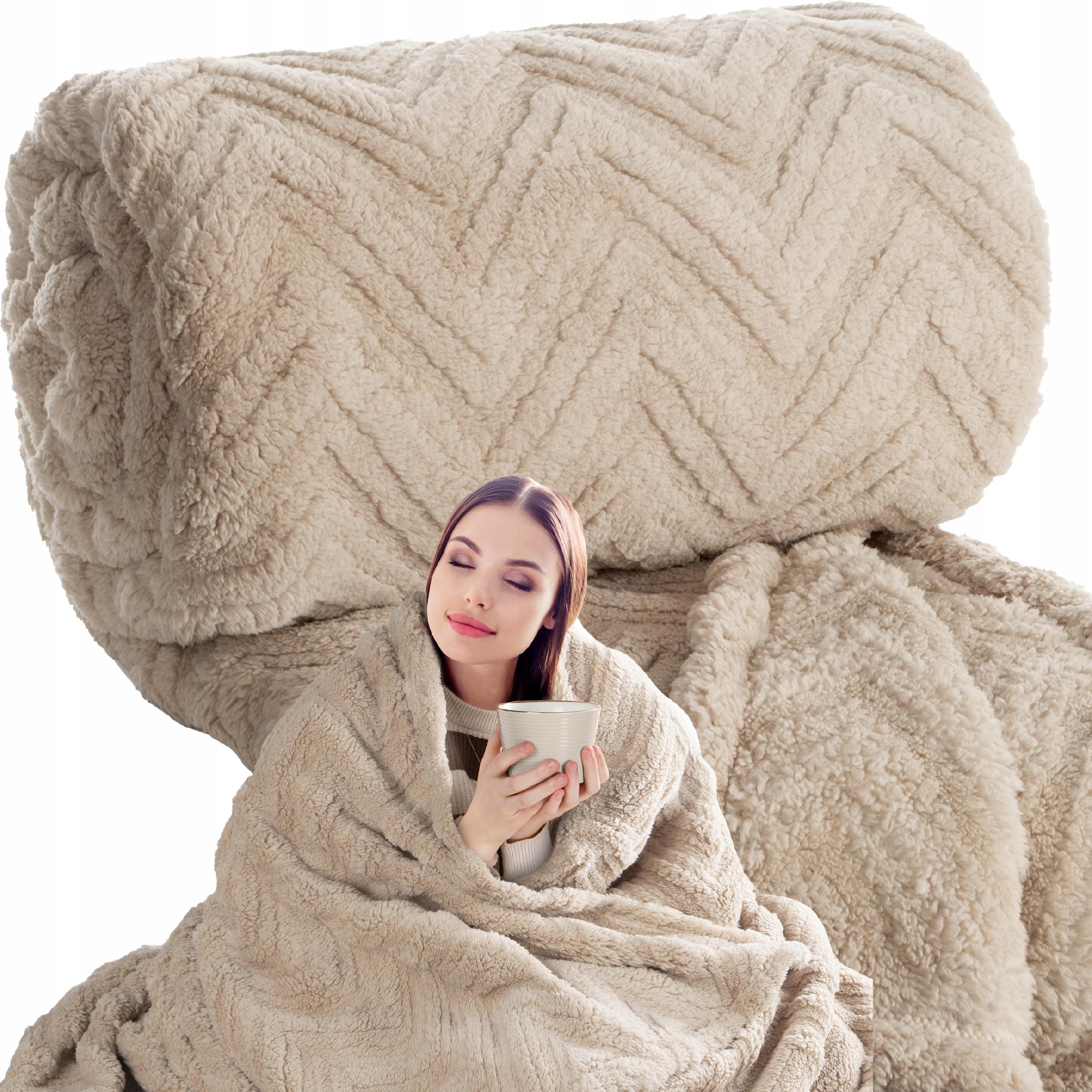 Koc narzuta 150x200 gruby mięciutki puszysty jodełka ciemny beżowy - obrazek 8