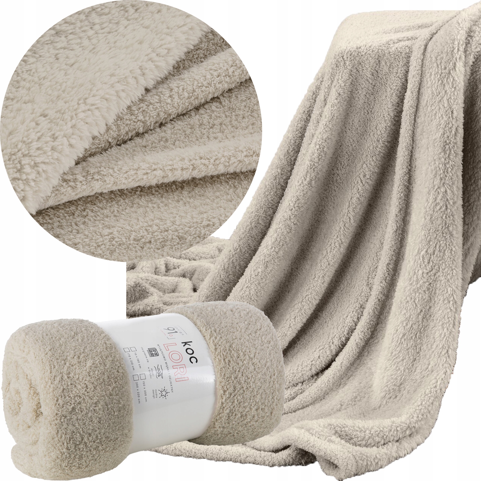 Komplet na kanapę i dwa fotele koc 170x210 + 2 x 70x160 beż typ flano - obrazek 11