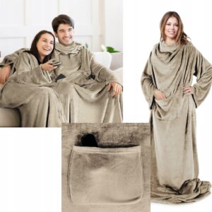 PREZENT Koc Z Rękawami mięciutki cieplutki szlafrok 150x180 beż