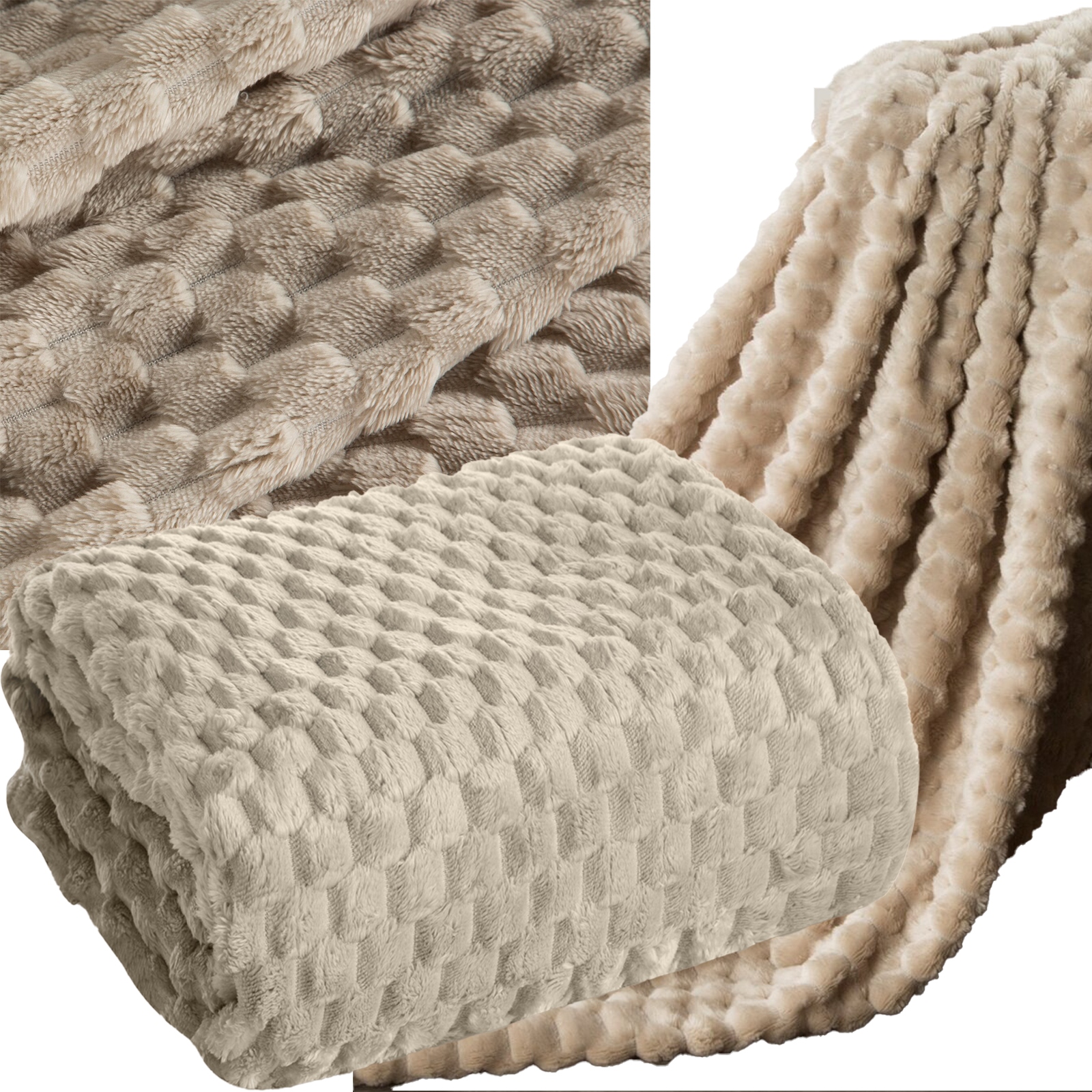 Koc narzuta 170 cm x 210 cm bardzo miękki w dotyku z efektem 3d beż - obrazek 7