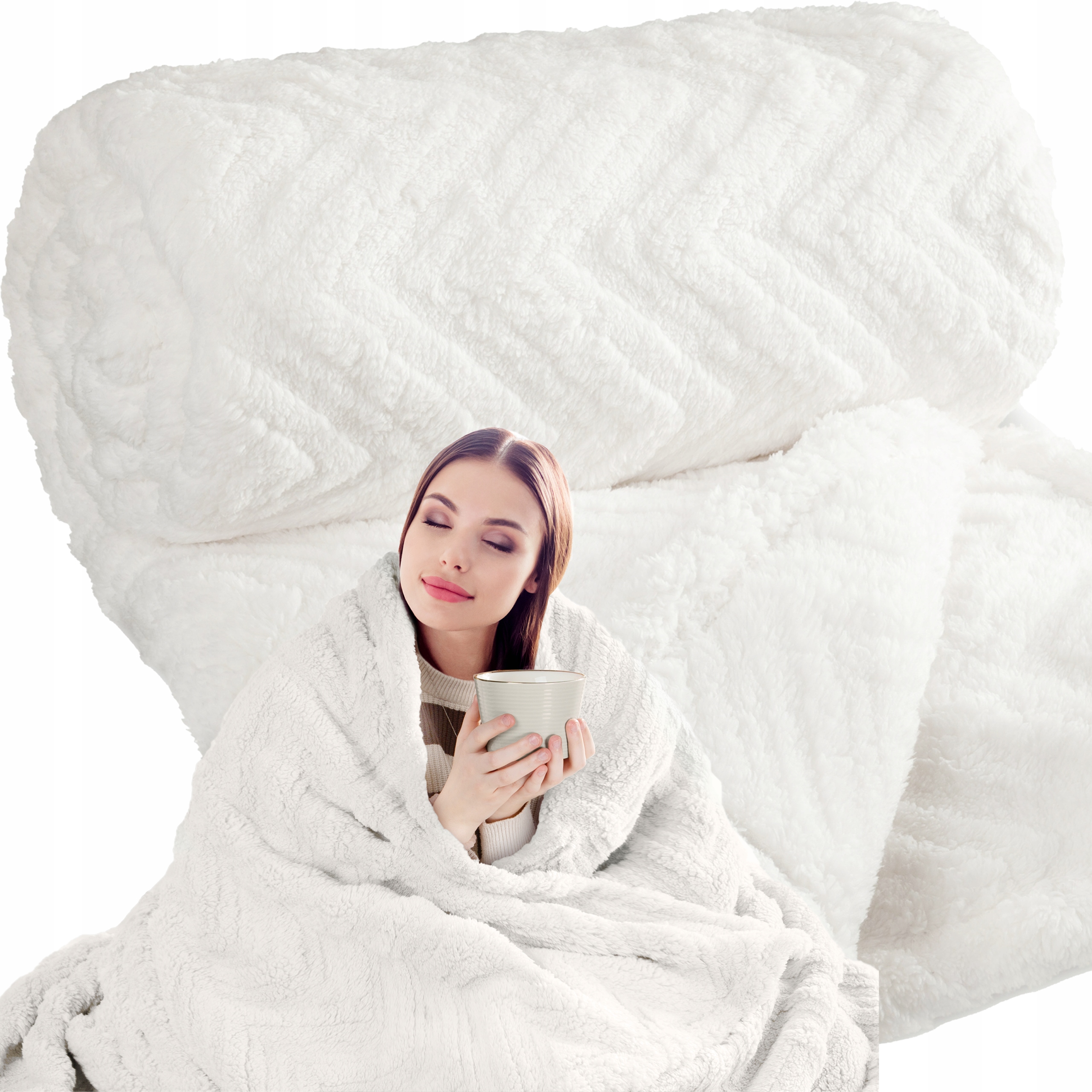 Koc narzuta 70x160 gruby mięciutki puszysty jodełka kremowy - obrazek 7