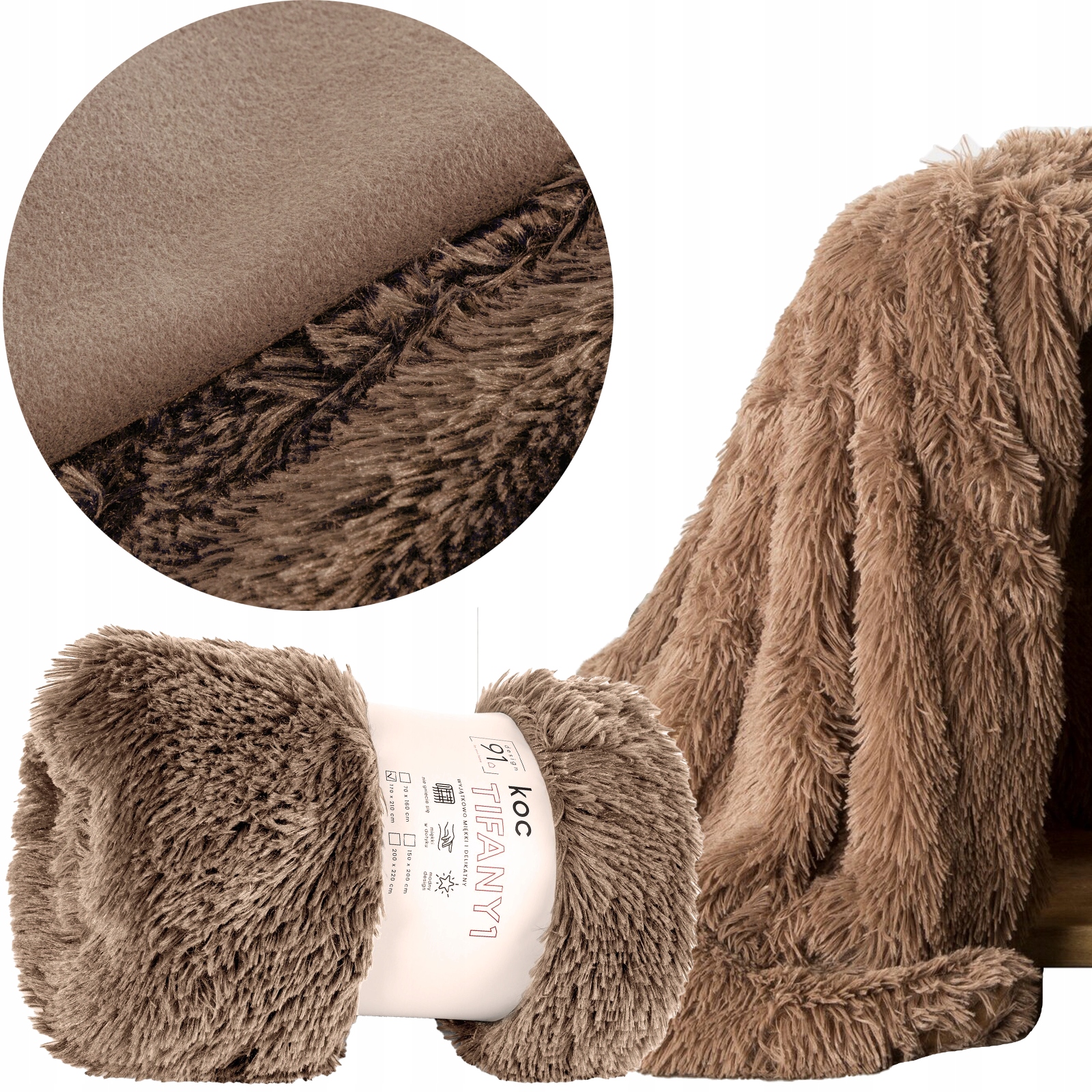 Koc włochacz futrzak pled narzuta na łóżko 170 cm x 210 ciemny beż - obrazek 10