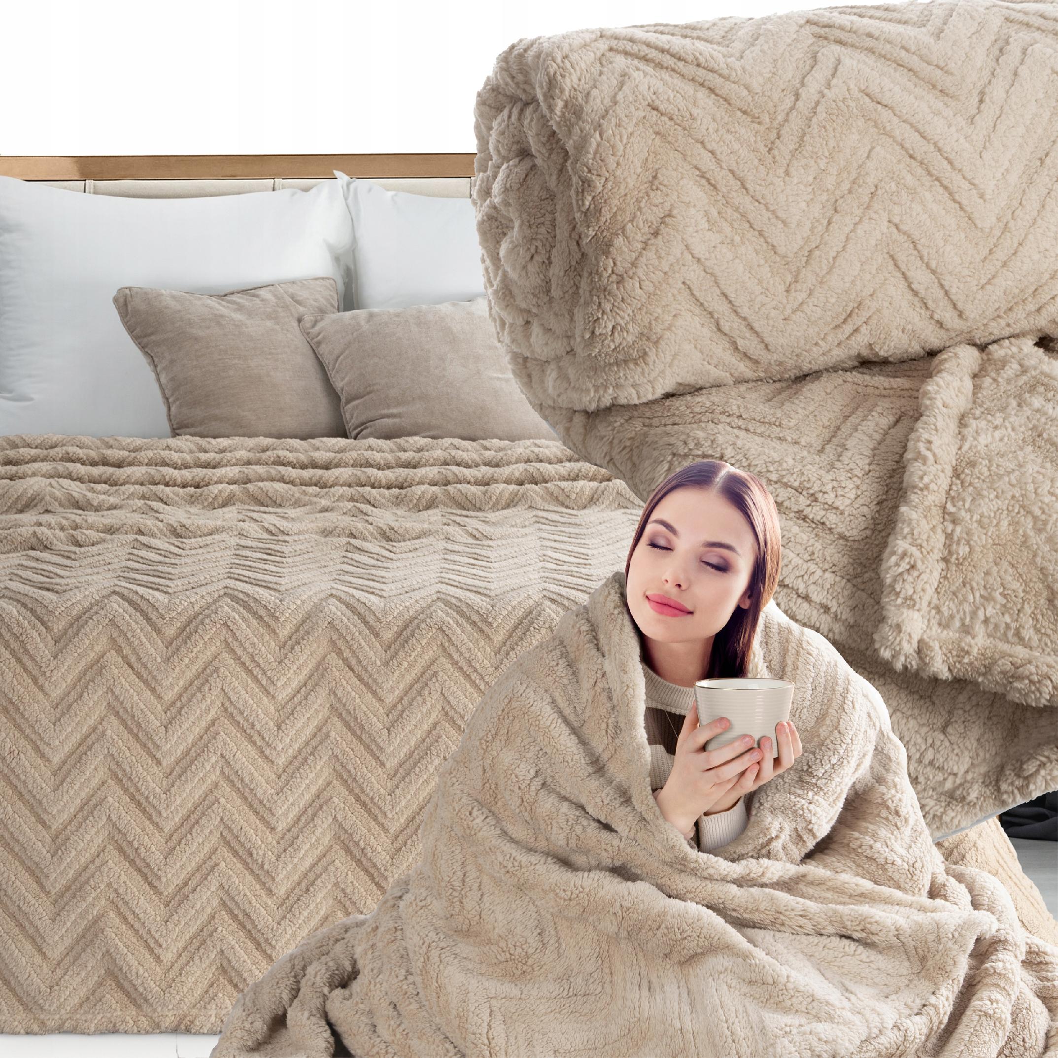 Koc narzuta 170x210 gruby mięciutki puszysty jodełka ciemny beżowy - obrazek 8