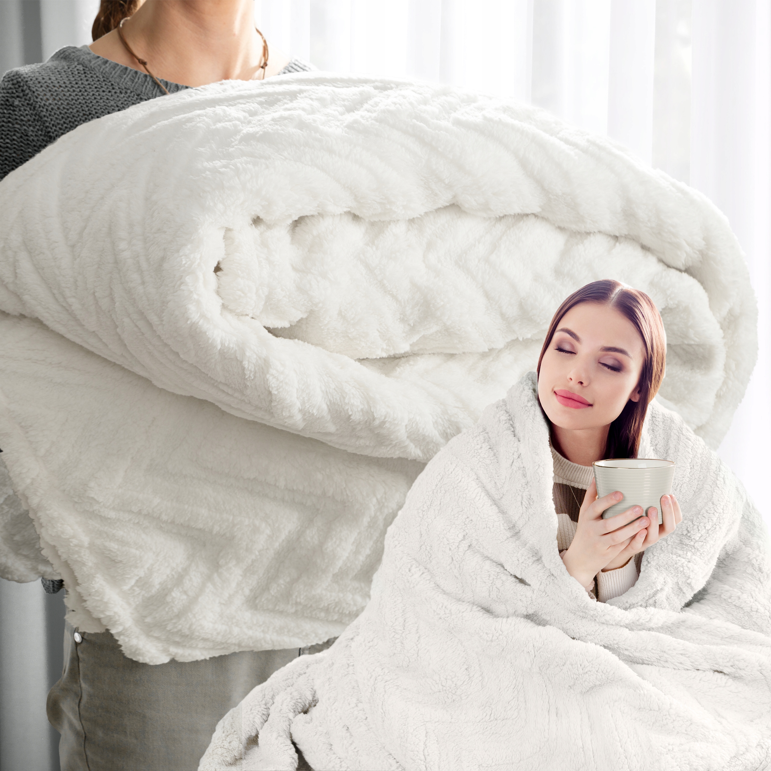 Koc narzuta 150x200 gruby mięciutki puszysty jodełka kremowy - obrazek 8