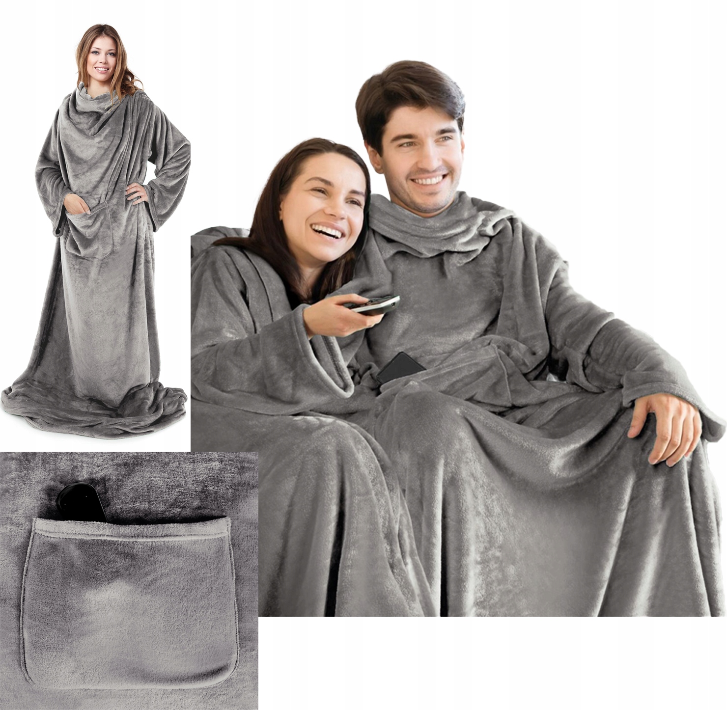 Mięciutki Koc Z Rękawami 150x180 stalowy Na Prezent - obrazek 5