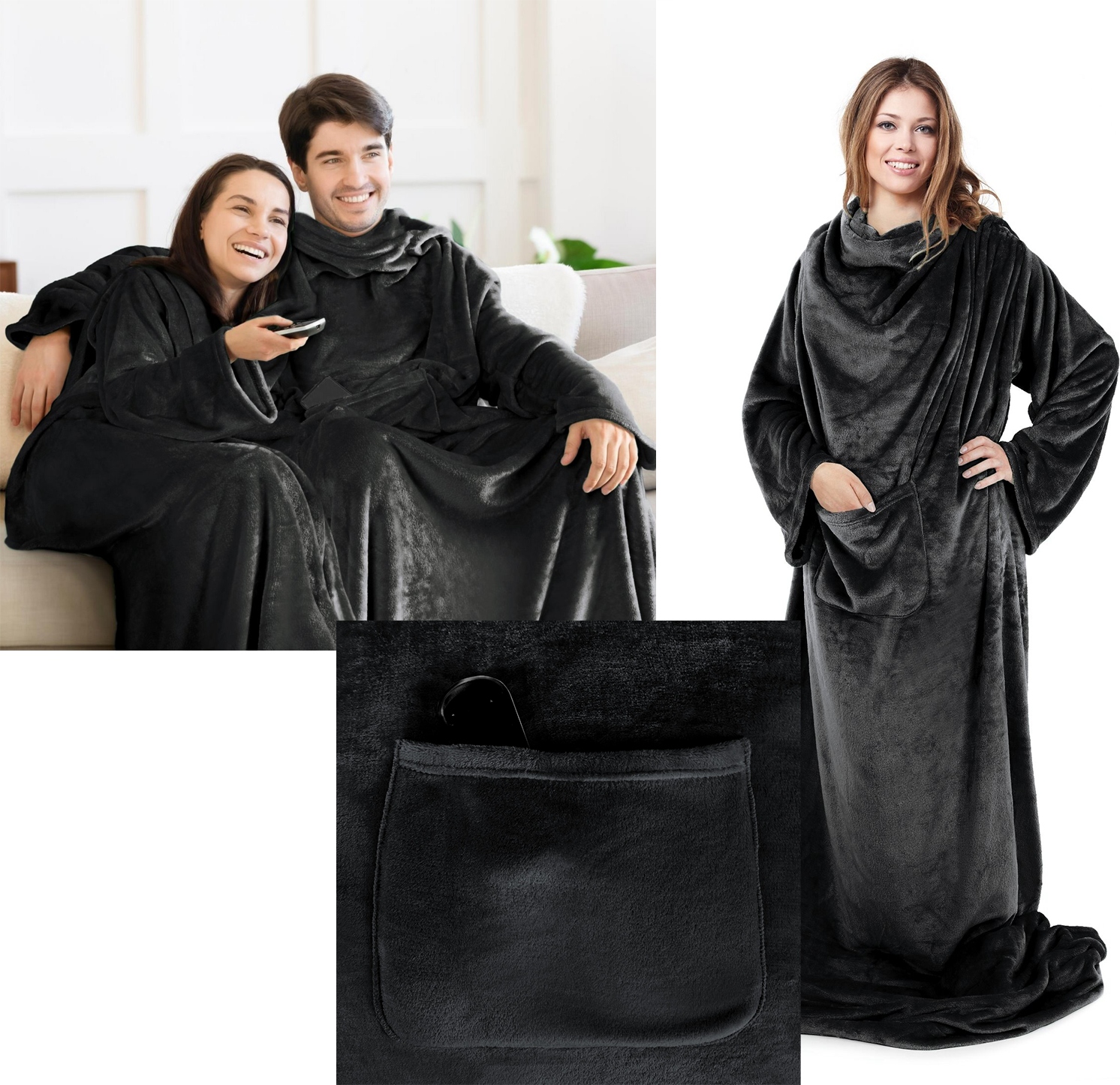 PREZENT Koc Z Rękawami mięciutki cieplutki szlafrok 150x180 czarny - obrazek 5