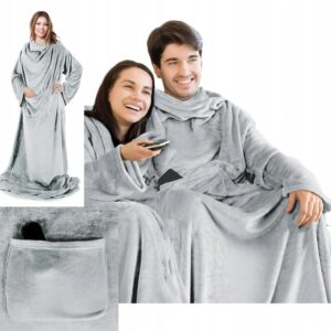 Mięciutki Koc Z Rękawami 150x180 srebrny Na Prezent