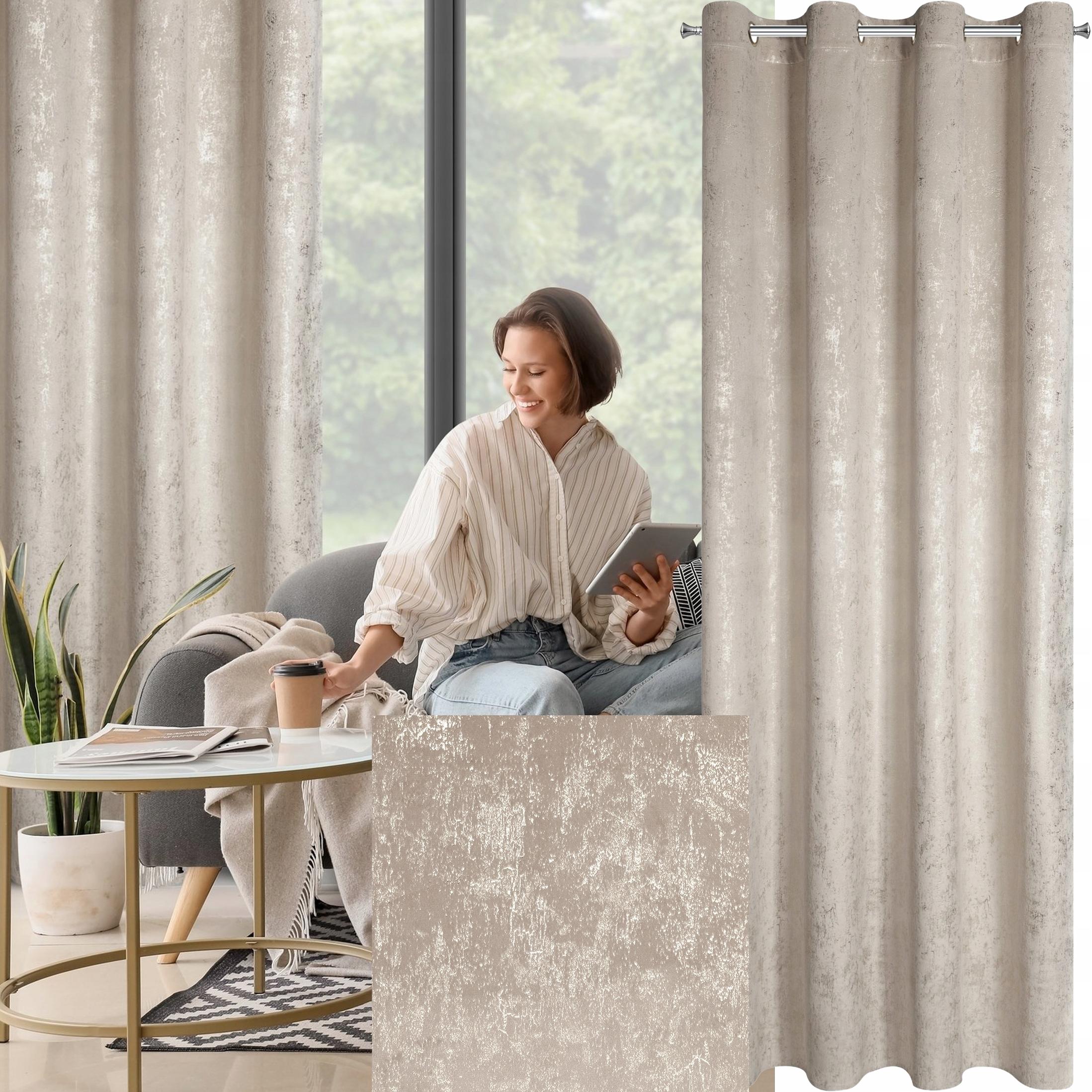 Zasłona 140X250 beżowa welwetowa z nadrukiem przelotka - obrazek 12