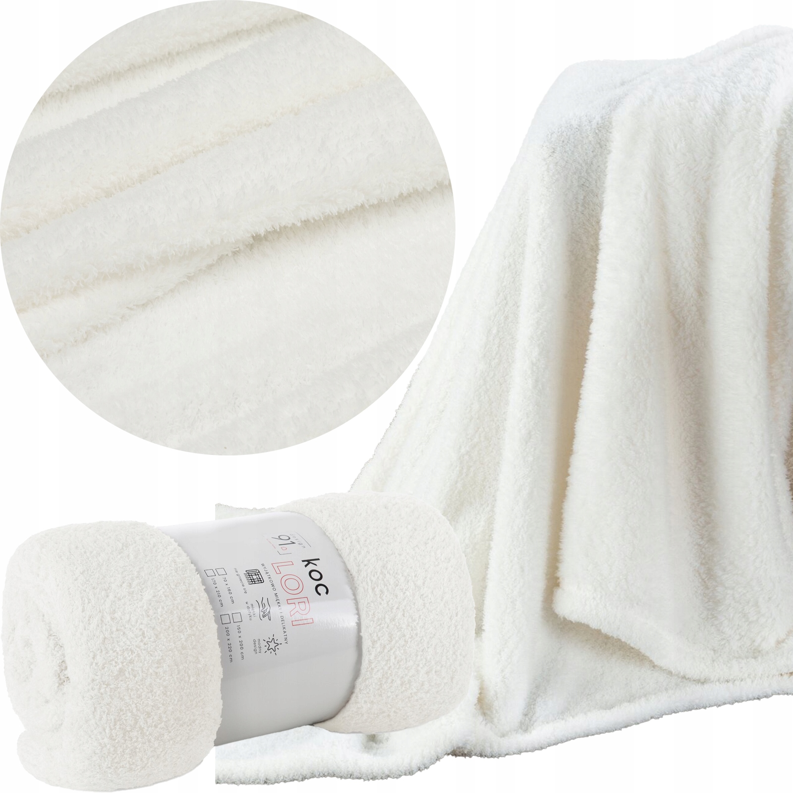 Komplet na kanapę i dwa fotele koc 170x210 + 2 x 70x160 biały typ flano - obrazek 2