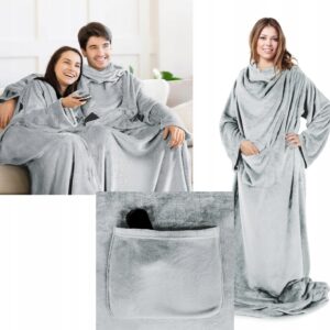 PREZENT Koc Z Rękawami mięciutki cieplutki szlafrok 150x180 srebrny