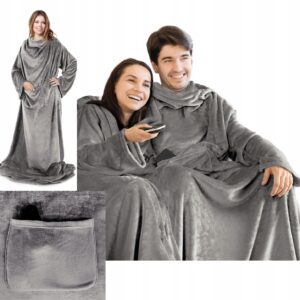 Mięciutki Koc Z Rękawami 150x180 stalowy Na Prezent