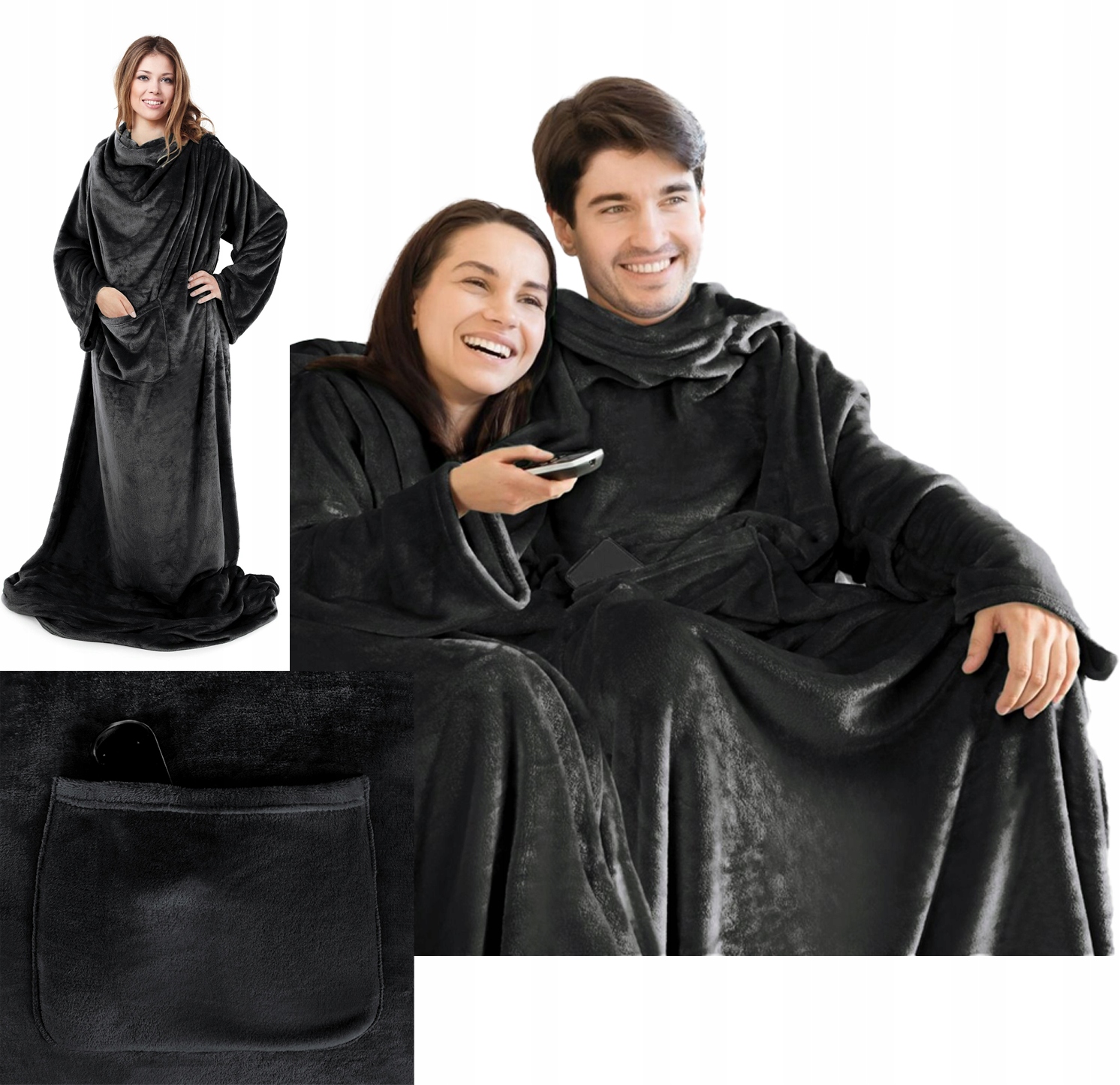 Mięciutki Koc Z Rękawami 150x180 czarny Na Prezent - obrazek 5