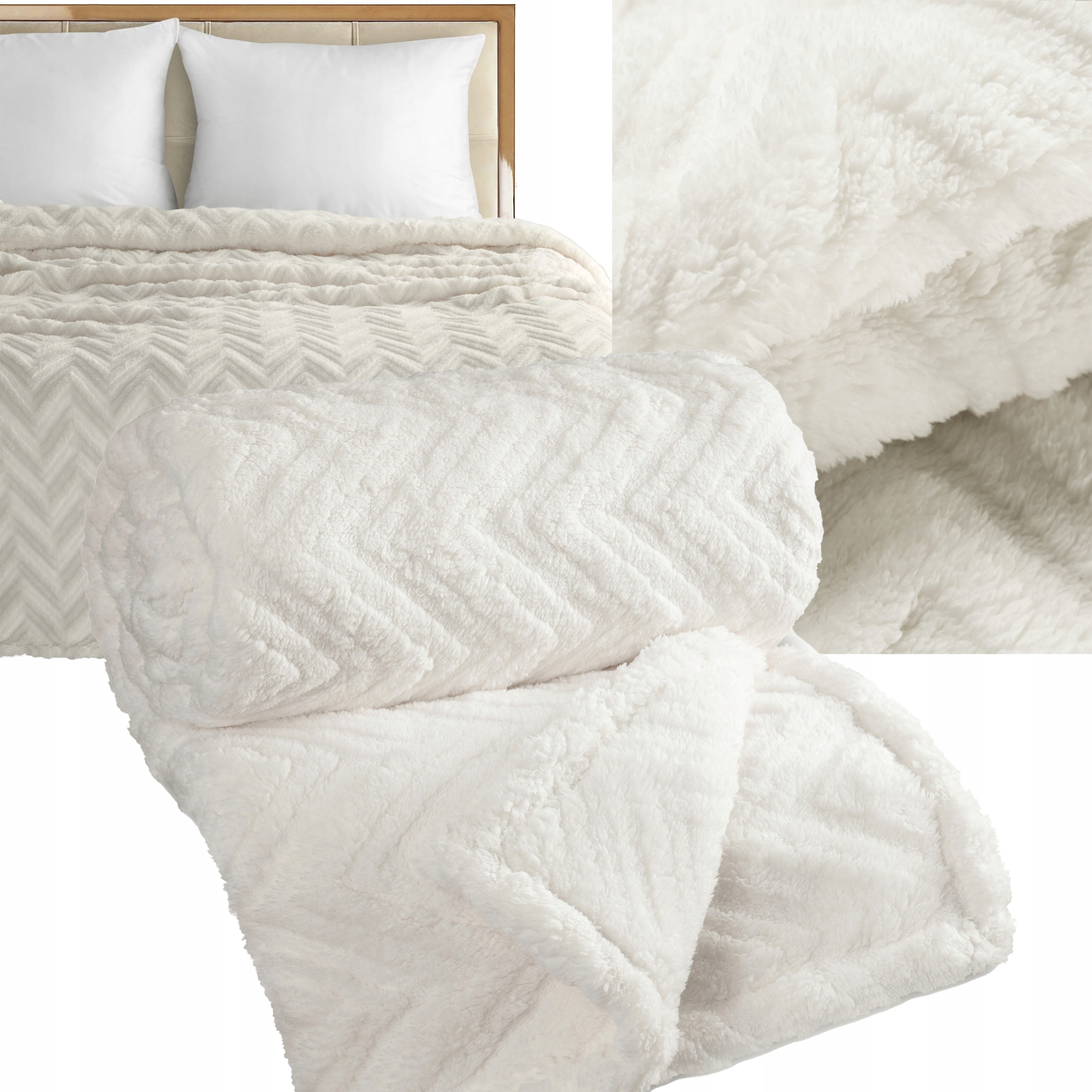 Koc narzuta 200x220 gruby mięciutki puszysty jodełka kremowy - obrazek 2