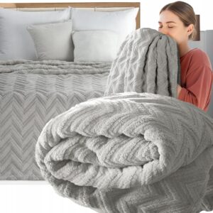 Koc narzuta 170x210 gruby mięciutki puszysty jodełka srebrny