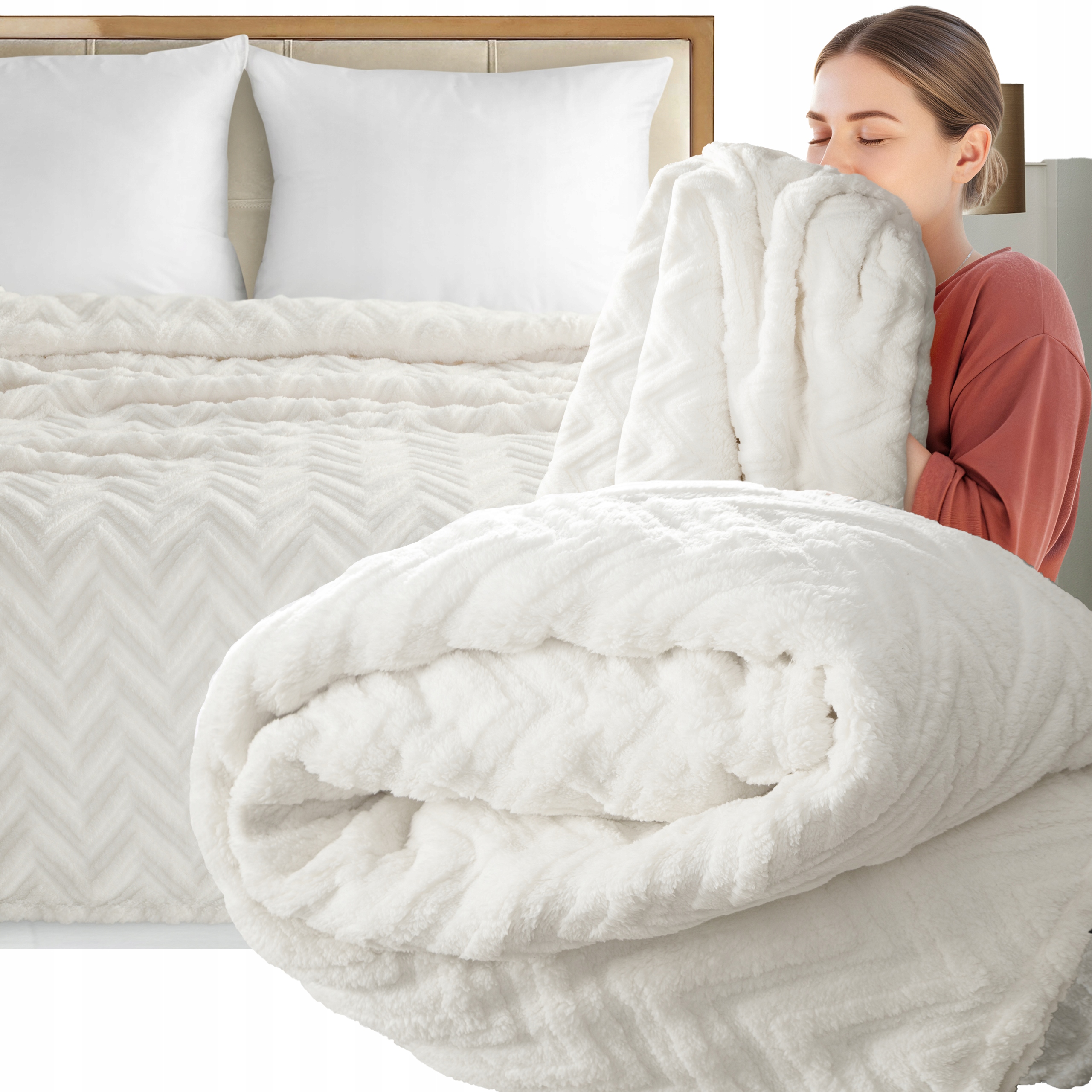 Koc narzuta 170x210 gruby mięciutki puszysty jodełka kremowy - obrazek 7