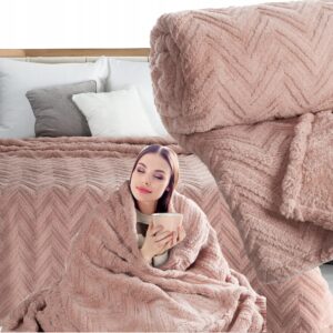 Koc narzuta 200x220 gruby mięciutki puszysty jodełka jasny puder